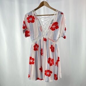 Lulus Tropical Floral Stripe V Neck Lace Up Back Mini Dress White Blue Red XS